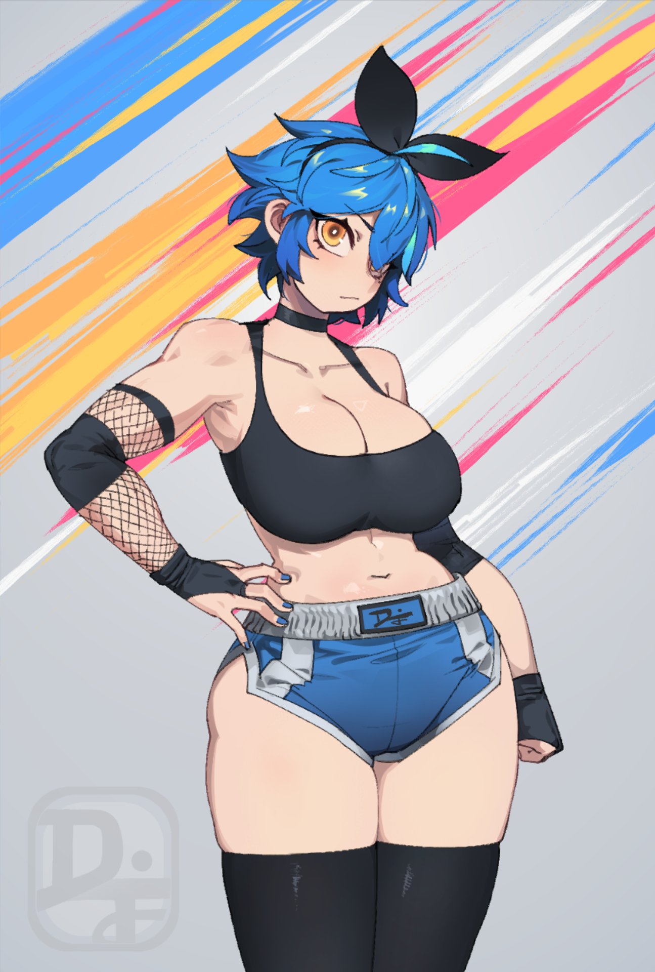 the illustration features a confident female anime character with blue hair, she is wearing a black tank top and blue shorts and is standing confidently with her hand on her hip. there are colorful lines in the background.