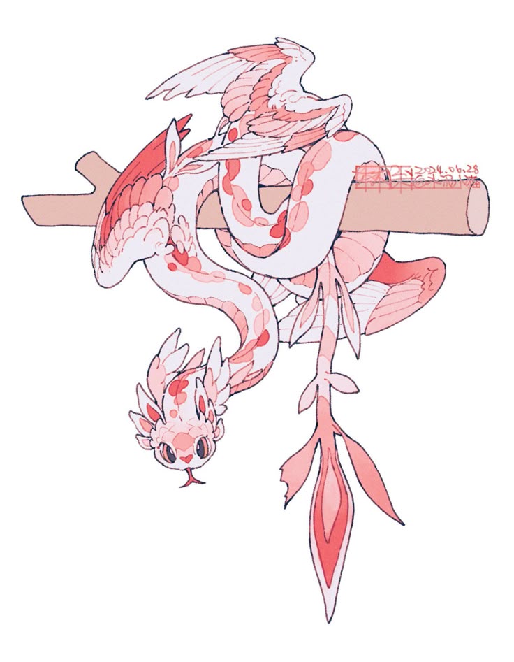 a drawing of a cute, pink winged snake coiled around a branch. the snake has small wings, a leaflike tail, and animestyle eyes. it is hanging from the branch, looking down. the drawing has a watercolor effect.