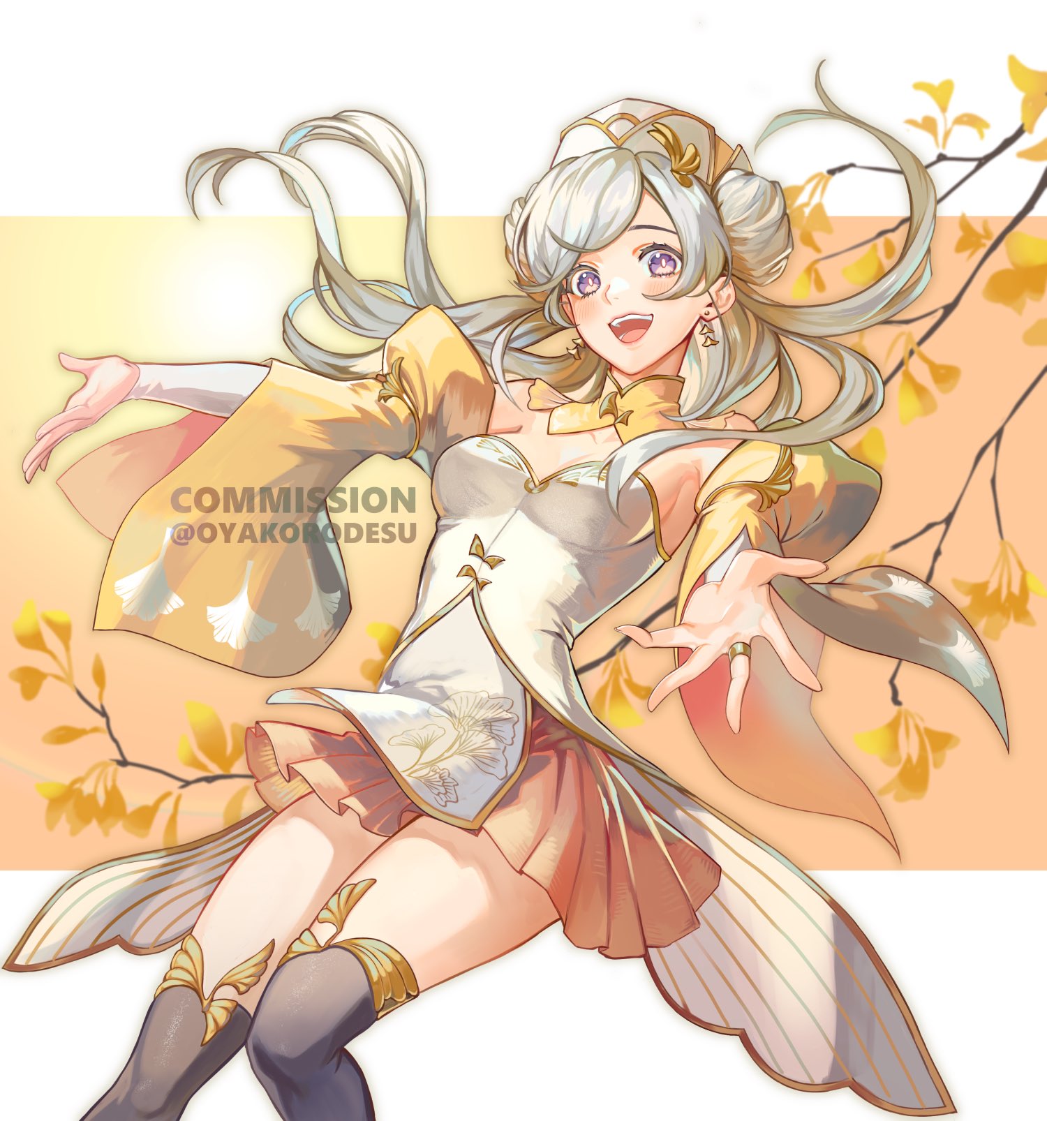 a young anime girl with white hair and a yellow dress is smiling cheerfully as she stands in a field of yellow flowers. she has a soft and delicate look to her and is dressed in a flowing white and yellow dress with a floral pattern. the background is a light yellow color with a branch of flowers in the upper righthand corner of the frame. the artwork is done in a light and airy style, giving the image a cheerful and joyful feel.