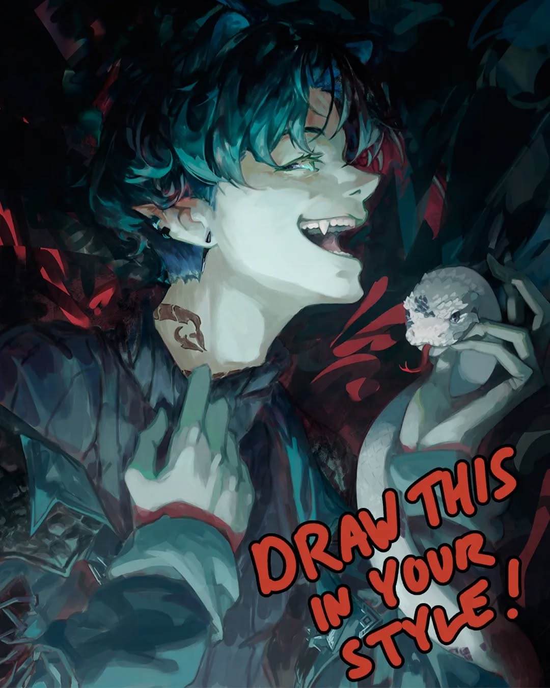 the image showcases a digital painting or illustration of an animestyle male character. he has teal or turquoise hair, sharp fangs, and appears to be holding or interacting with a snake or serpent.  the character's expression is a sly smirk, and his overall aesthetic is dark, gothic, and mysterious. the background is dark and moody, complementing the character's shadowy appearance. the style is highly detailed and vibrant, showcasing a blend of sharp lines and softer shading. a text overlay prompts the viewer to "draw this in your style," implying this image serves as inspiration for an art challenge.
