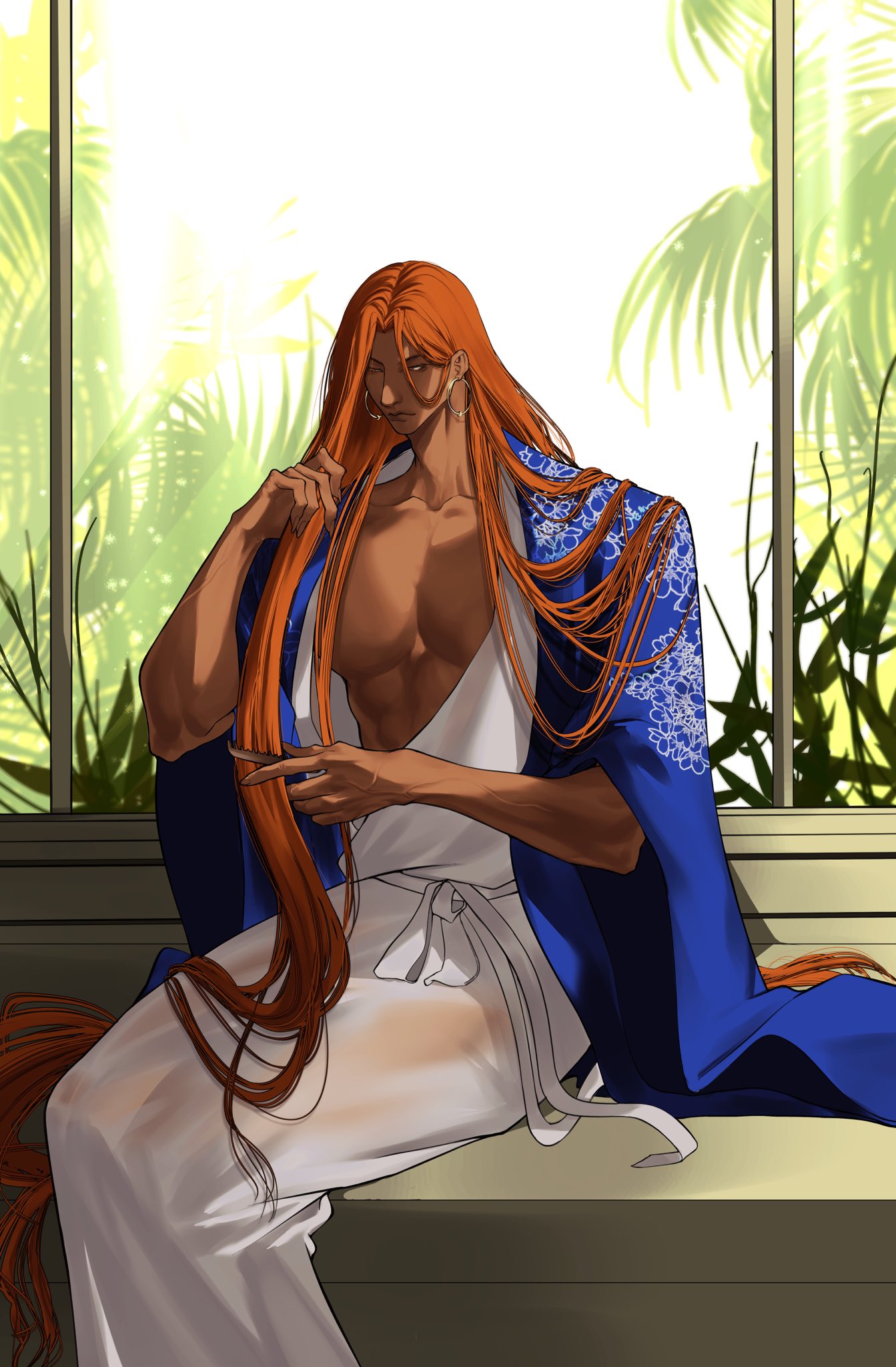 a man with long orange hair is sitting by a window and looking down, he's wearing a white robe and a blue robe with a white pattern on it.  there are green plants outside the window. the sunlight is coming in through the window.