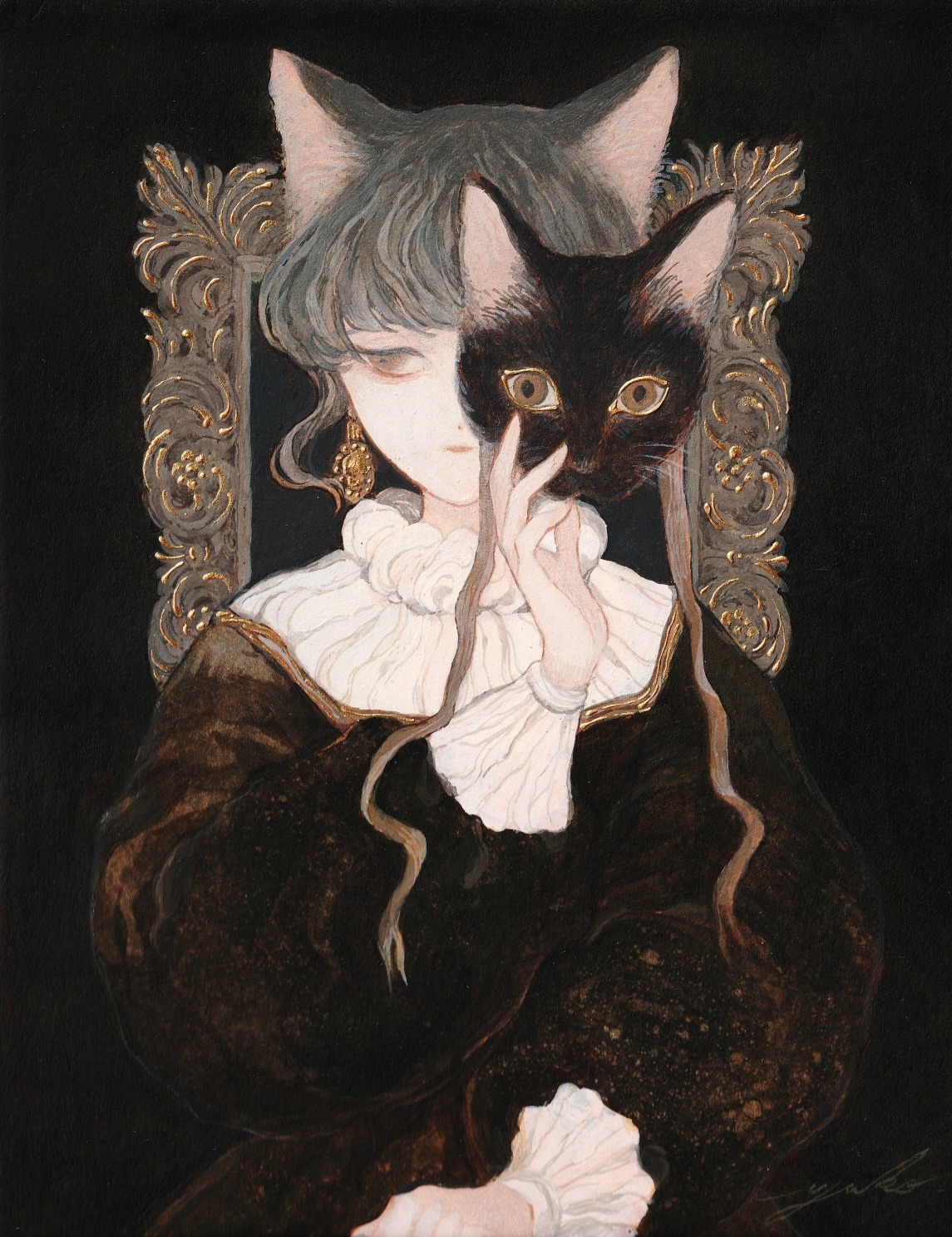 the image is a stylized illustration or painting of a young girl with grey hair styled like cat ears.  she's wearing an elegant darkcolored velvet dress with a white ruffled collar and is holding a black cat mask to her face. the girl's expression is somewhat melancholic or serious. she is seated in an ornate, goldframed chair, and the overall aesthetic is dark, gothic, and slightly mysterious, blending elements of fantasy and vintage styles. the artwork is highly detailed, particularly in the textures of the clothing and the intricate design of the chair and mask. the color palette is predominantly dark, using shades of black, gold, and grey, creating a mood of elegance and darkness.