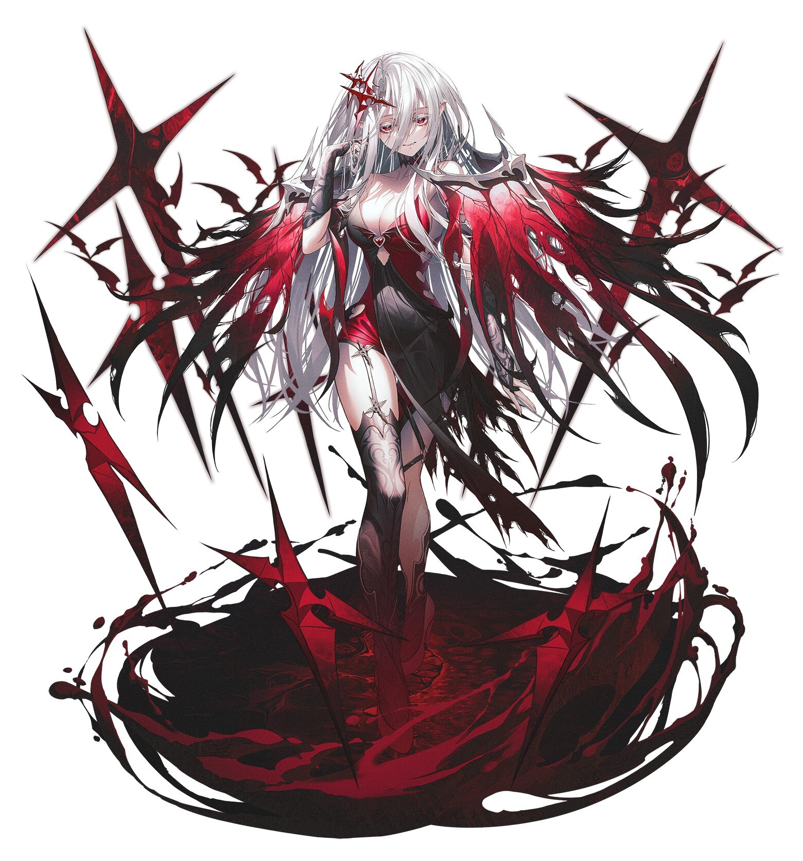 a female anime character with long white hair and red eyes stands amidst a swirl of black and red energy. she wears a revealing red and black outfit and is surrounded by five black swords with red markings. the image has a dark and dramatic atmosphere with high contrast lighting.