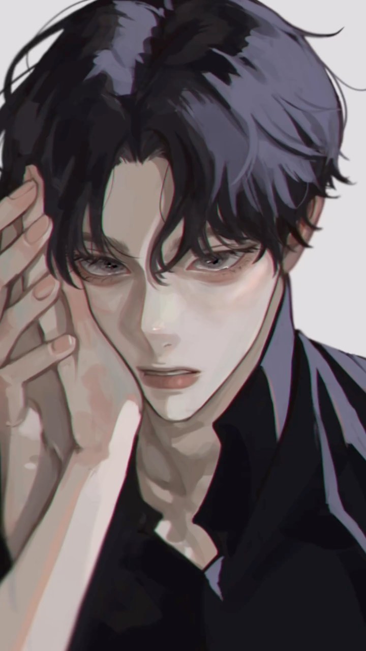 the image is a closeup digital portrait of a young animestyle man. he has dark, slightly tousled hair that falls over his forehead, framing a pale face with soft, almost melancholic gray eyes. his expression is serious but not unkind; there's a sense of quiet contemplation or perhaps sadness in his gaze. he's touching his face with one hand, and his other hand rests gently against his cheek. he appears to be wearing a darkcolored collared shirt or jacket. the overall style is realistic, with attention to detail in the shading, hair texture, and skin tones, but maintains the characteristic features of anime and manga art styles.  the color palette is muted and subdued, creating an atmosphere of calm and quiet intensity. the artist's style suggests influences from korean digital art trends.