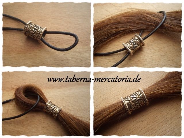the image shows a stepbystep guide on how to use a hair tie with a decorative celtic knot bead to style a ponytail. it features four images, starting with the bead on the hair tie, then the hair tie threaded through a section of hair, then the hair pulled through the loop, and finally the finished ponytail with the bead holding it in place.