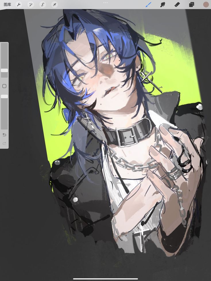 a digital drawing of a cooltoned young man with blue hair and piercings. he's wearing a black jacket and accessorized with a choker, chains, and rings. the lighting is artificial, likely from above, and gives a green glow to his skin. the image is a closeup portrait from a slightly low angle, focusing on his face and upper body.