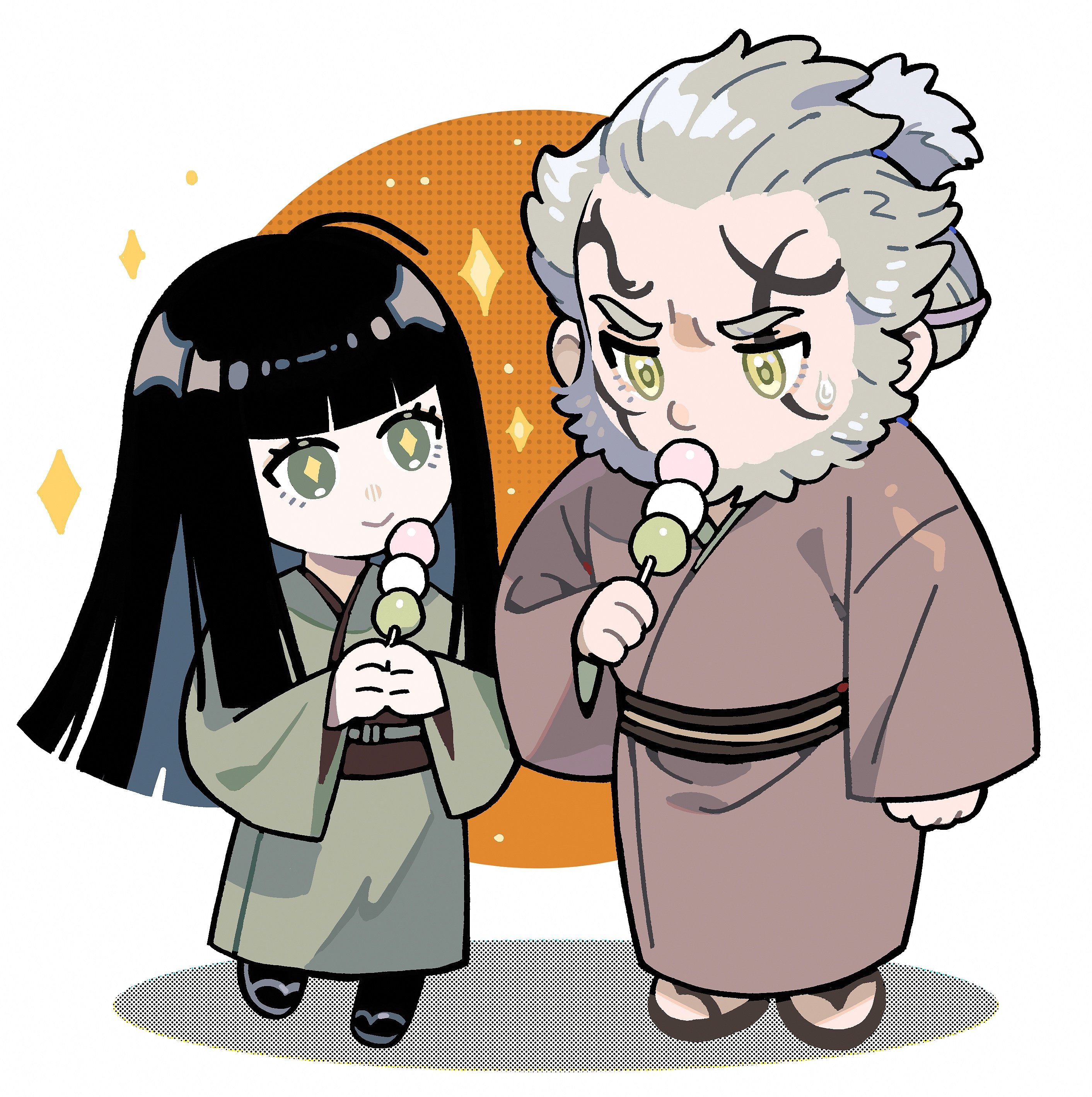 the image is a cute cartoon illustration of a girl and a boy who are friends. the girl is wearing a green yukata and has long black hair with bangs. she's smiling happily, and she's holding a dango (japanese dumplings) on a stick. the boy is wearing a lavender yukata and has white hair. he is also smiling, and he's holding a dango on a stick. the background is a bright orange with sparkles and stars. they are both looking at each other, seemingly happy and enjoying their time together.