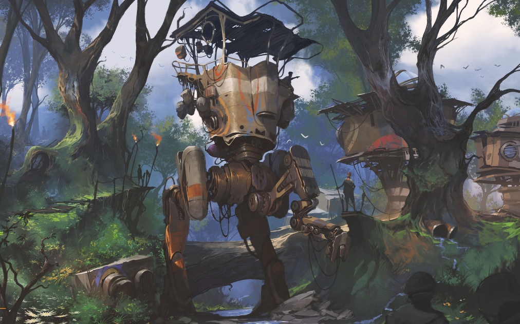 the image shows a large, rusty, mechanical robot standing in a forest setting. the robot has a humanoid shape, with two legs and two arms. it has a small head with no visible features. the robot is painted in shades of brown and orange, and it looks like it has been exposed to the elements for a long time. the robot is standing on a path, and there is a man standing in front of it. the man is wearing a dark shirt and pants, and he is looking up at the robot. the forest is lush and green, with tall trees and thick undergrowth. there are also some buildings in the background, which appear to be part of a village. the lighting in the image is natural and diffused, creating a sense of tranquility. the overall tone of the image is one of mystery and wonder.