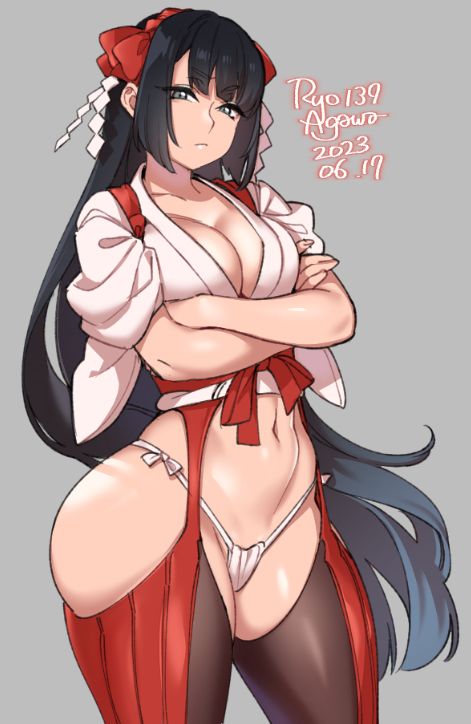 a drawing of an anime girl with long black hair. she is wearing a red and white traditional japanese outfit. she has crossed arms and a serious expression on her face.