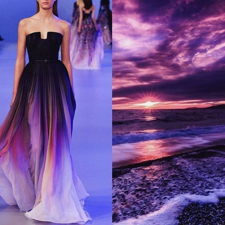 the image is split into two halves. on the left side, a female model wears a beautiful ombre gown that transitions from deep purple at the top to pink and white at the bottom.  she's walking on a runway. the background is a muted blue.  on the right side, a serene sunset over a beach.  the sky is a beautiful blend of purple and pink with clouds, and the ocean is a dark blue. the sand and waves are reflecting the colors of the sunset. the overall effect is of a magical and ethereal beauty.