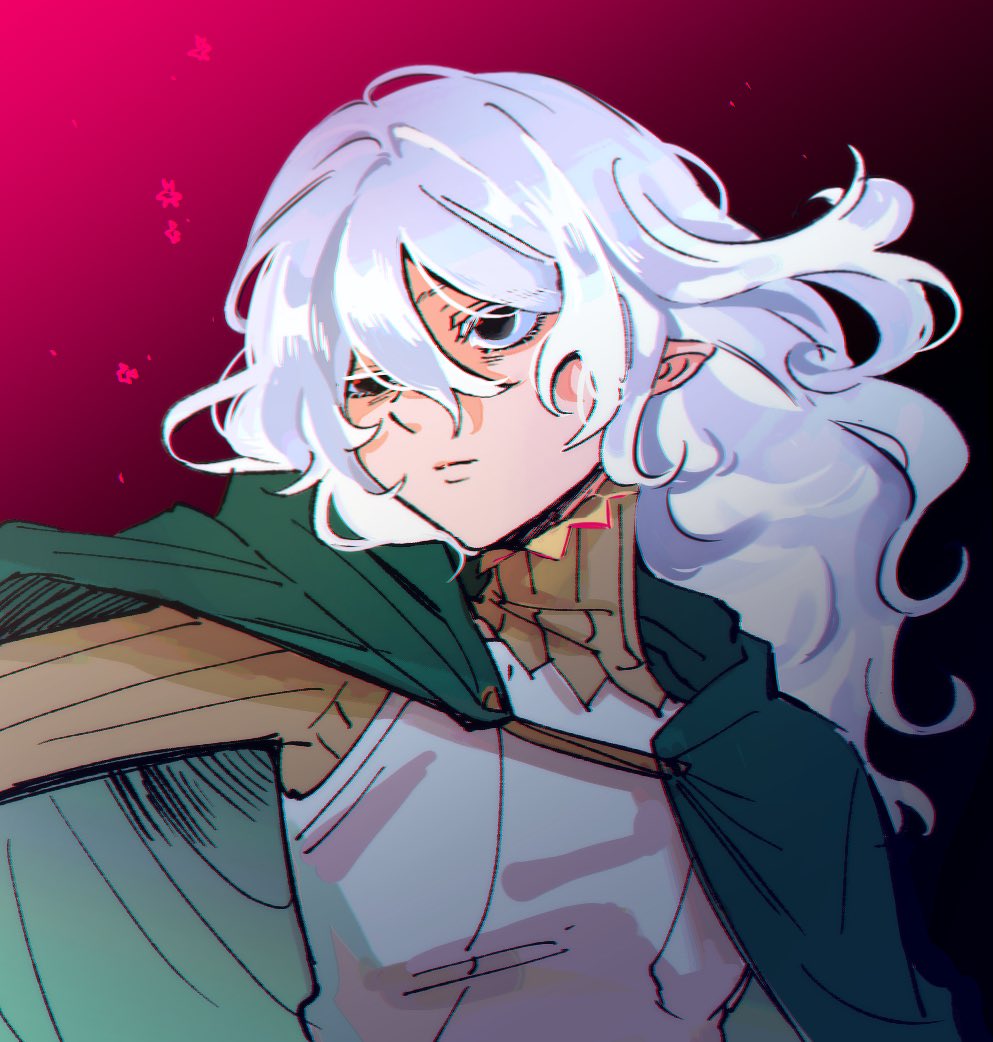 the image is a digital drawing or painting of a stylized female anime or manga character. she has long, wavy white hair and appears to be an elflike character, possibly a warrior or adventurer. she's wearing a green cloak over a lightcolored undergarment and what looks like shoulder armor. her expression is somewhat serious or pensive. the art style is semirealistic with soft shading and expressive eyes, giving a somewhat melancholic yet captivating vibe. the background is a dark purplishpink gradient. the overall style is reminiscent of modern digital illustration styles often found in webcomics or fantasy art.