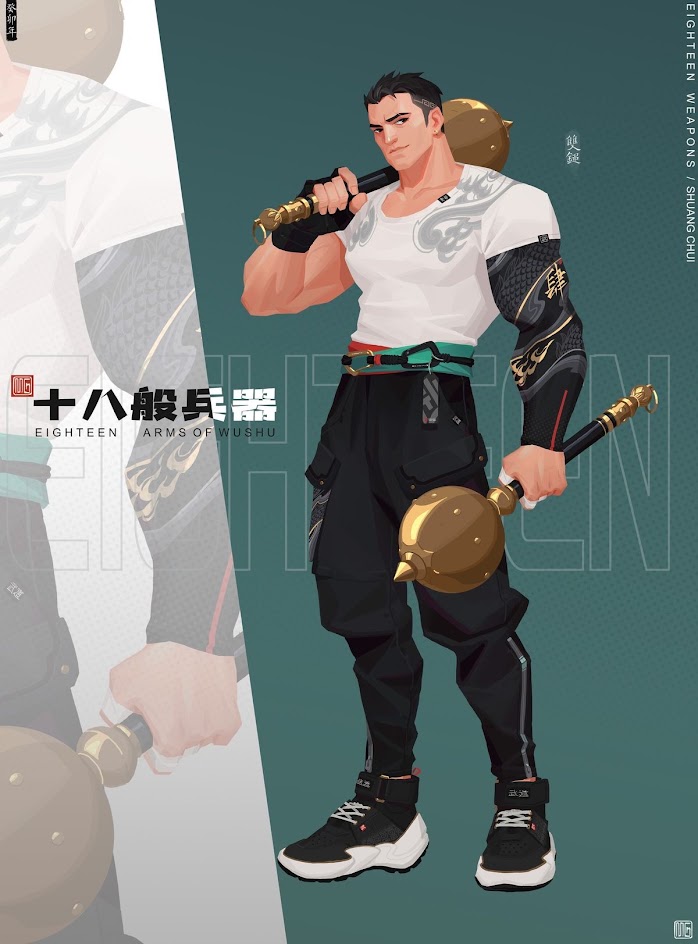 a digital art illustration of a young male anime character. the character is a fighter wielding two double maces, one in each hand. the character is dressed in a white tank top and black pants with an ornate black and gold armband on his left arm. the background is a light teal with text overlay indicating "eighteen weapons" and "shuang chui," which are the chinese terms for double maces. the  title "eighteen arms of wushu" is in the upper left corner of the image.