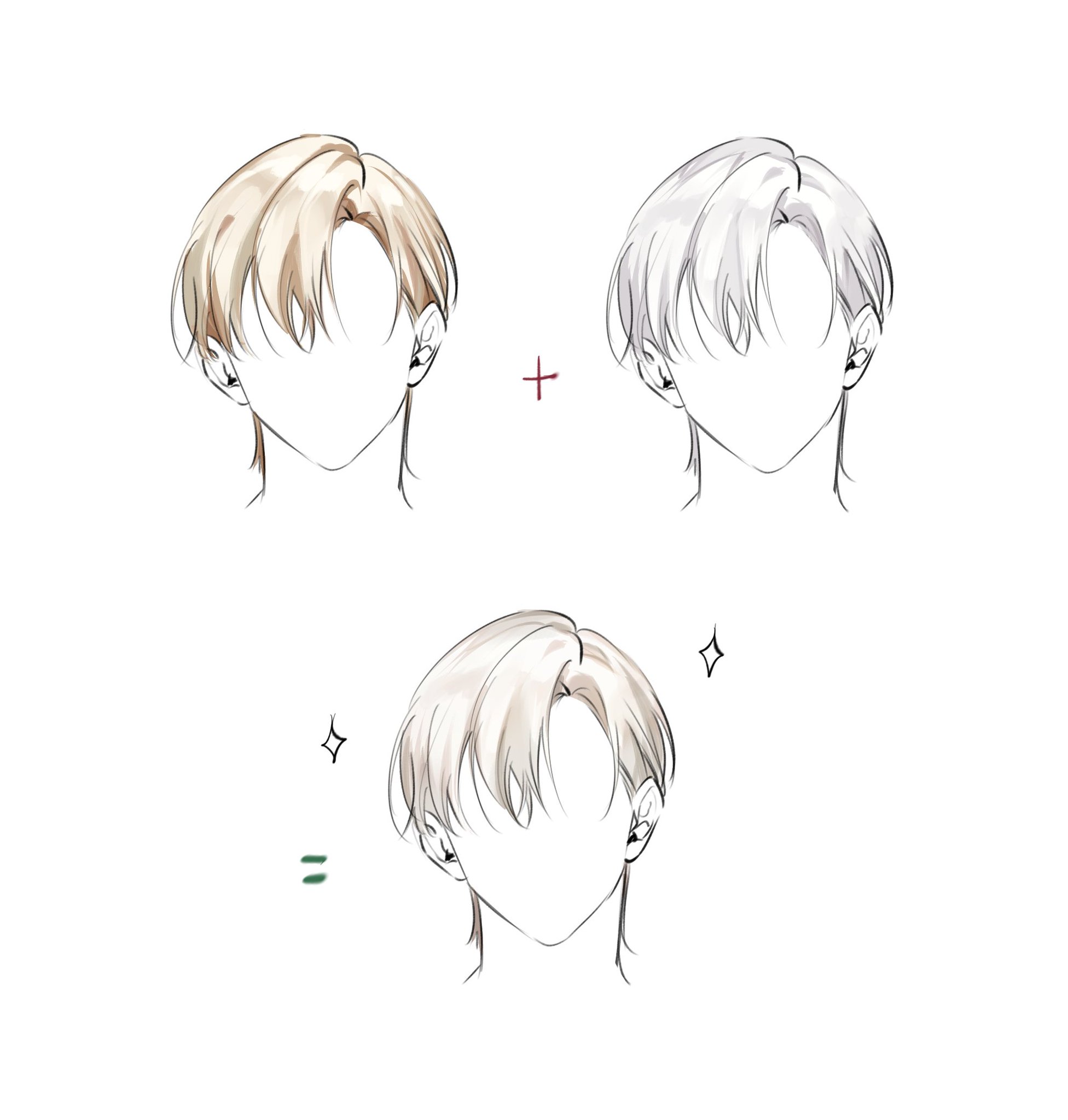 the image is a digital art tutorial demonstrating how to blend two hair colors in an anime style.  the top row shows two separate heads, one with light blonde hair and the other with silver/gray hair. a plus sign (+) indicates these are to be combined. the bottom row shows the result – a head with a blended light blonde/silver hair color.  the blending technique creates a more naturallooking transition between the two colors.  the style is consistent with typical anime or manga character designs. the overall style is clean and visually appealing.