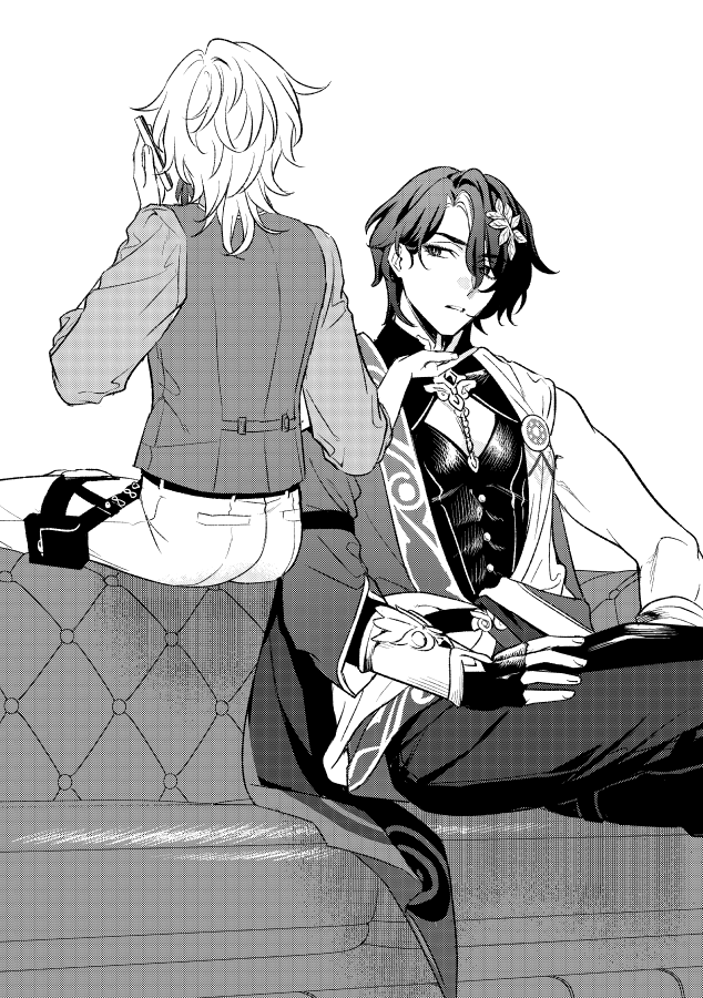 two anime men are sitting on a couch indoors, one is holding a phone to his ear and the other is looking at him. the man on the left is wearing a vest with a checkered shirt and white pants. the man on the right is wearing a long coat with a vest and white pants. they both seem to be friends and are having a conversation.  they are both looking fashionable and have a relaxed atmosphere. the man on the left is holding the phone to his ear while looking at the other man who is looking at him. the man on the right is wearing a flower in his hair. they are both sitting in a comfortable position with a relaxed atmosphere.