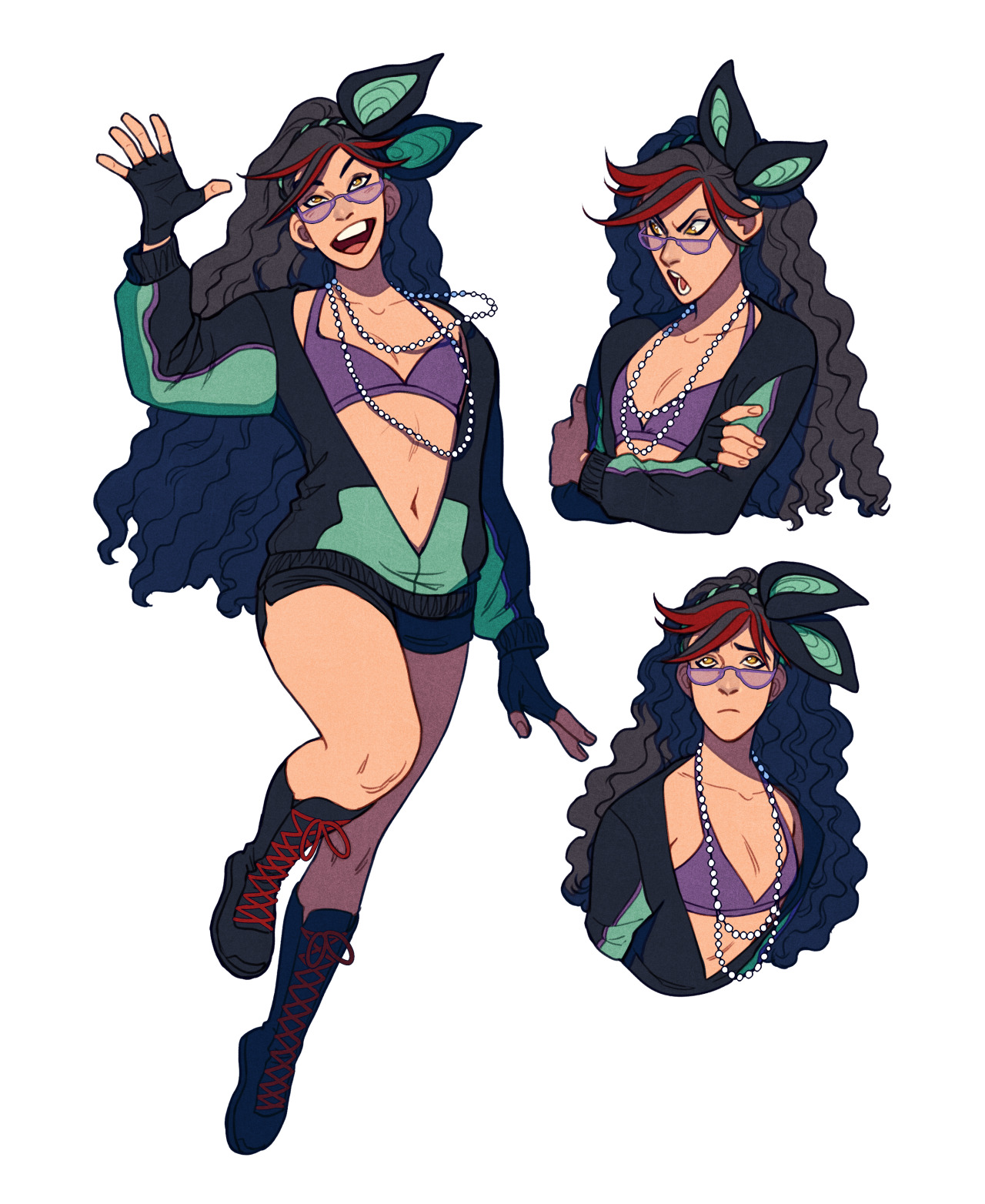 a digital illustration showcasing three poses of the same woman. she is stylized with exaggerated features and poses dynamically. the style is reminiscent of western comic books.  she has dark brown, curly hair pulled back, large glasses, and is wearing a teal and black sporty outfit. she is also wearing lots of jewelry  a belly chain, a necklace, bracelets, and rings. the background is a blank white canvas.