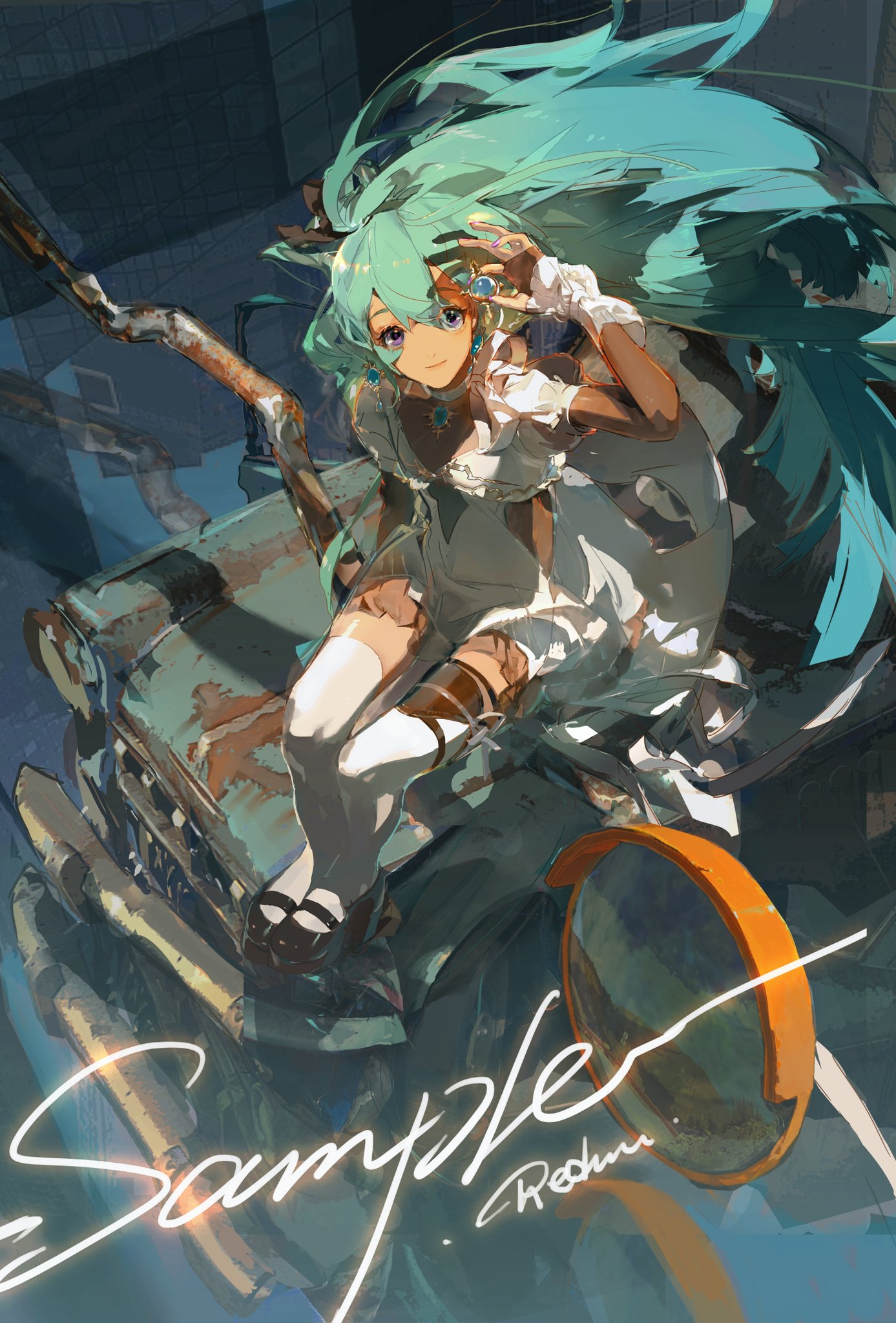 a digital illustration of an anime girl with long green hair, blue eyes, and white dress sitting on a rusty car. the girl is looking at the viewer and smiling slightly. the car is surrounded by some green hair and a signature of artist, "rohun", is written in white font. the background is a blurry blue and green colour. the illustration is done in a digital art style.
