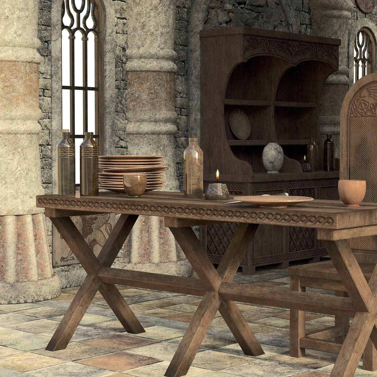 a detailed interior scene of a medievalstyle room. the room features a large wooden table adorned with plates, bottles, bowls, and a candlestick. a chair sits beside the table. in the background, there is a wooden cupboard against a stone wall. a window provides a glimpse of light. the overall atmosphere is reminiscent of a historical or fantasy setting.