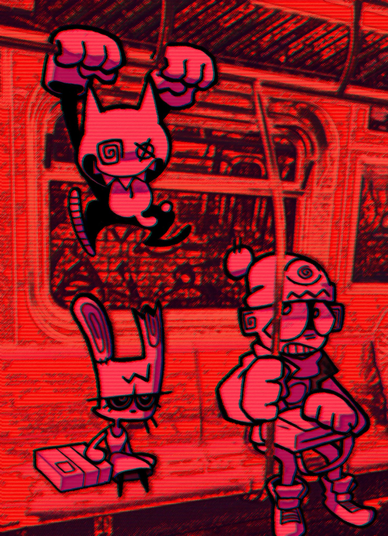 the image shows three stylized cartoon characters on a subway train. rendered with a limited color palette and a retro, pixelated aesthetic, the scene evokes a vintage video game. two of the characters, a mischievouslooking black catlike figure and a smaller character wearing a beanie hat, are hanging from the handrails. the catlike character, eyes wide and tongue out, exudes playful energy. the other character, holding a handheld gaming device, appears more subdued. the third character, a seated figure with rabbitlike ears, gazes directly at the viewer with a cool and unimpressed expression.  the train car, bathed in a red glow, creates a sense of claustrophobia and urban grit.