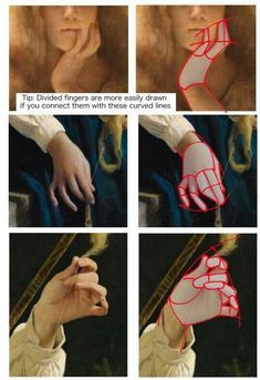 the image shows a drawing tutorial of how to draw a hand. the tutorial uses red lines to illustrate where to connect the fingers to create a more realistic look. the tutorial is for beginners.