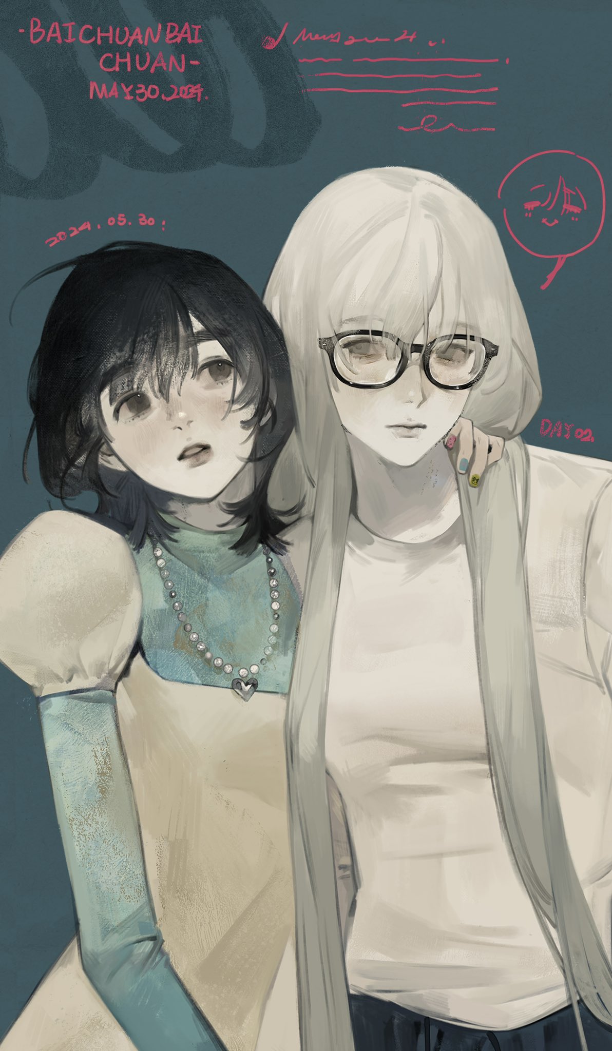 a digital illustration of two girls standing sidebyside. the girl on the left has black hair and is wearing a light blue top with a white dress and a pearl necklace, she's also wearing a  gold bracelet on her right hand and has light pink blush. the girl on the right has long blonde hair and is wearing a white top, a scarf, and glasses. she's wearing a gold bracelet on her right hand and a blue nail polish on her left hand.