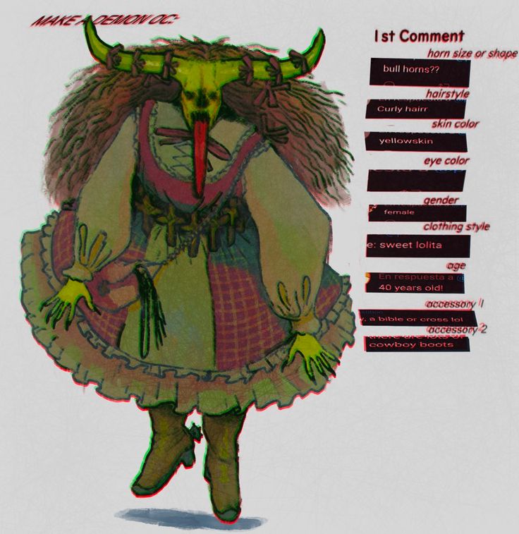 this image is a digital drawing of a female demon with a horned head and a red tongue. she is wearing a pink and white dress, cowboy boots, and a cross necklace. the image has a  fantasy and supernatural aesthetic and has a dark and macabre style.