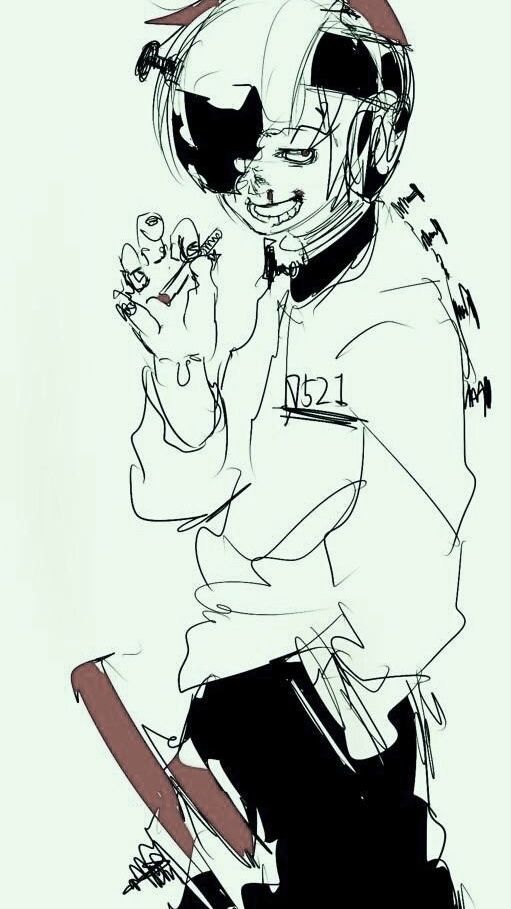 a black and white digital illustration of a young anime girl with a futuristic, cyberpunk style. she has a sharp, angular face with a mechanical eye and a dark, rebellious expression. she is holding a cigarette in one hand and a large, sharp blade in the other. she is wearing a futuristic outfit with a number "n521" printed on her shirt. the illustration is drawn in a dynamic and energetic style, conveying a sense of danger and intrigue.