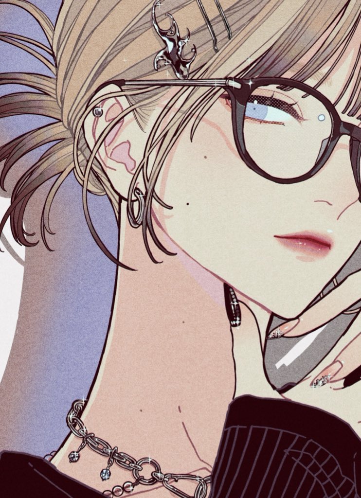 closeup anime illustration of a woman with glasses, jewelry, and hair ornaments. she has blonde hair pulled back, is wearing black glasses and a silver chain necklace. she has an earring and piercings in her ear. her nails are manicured.