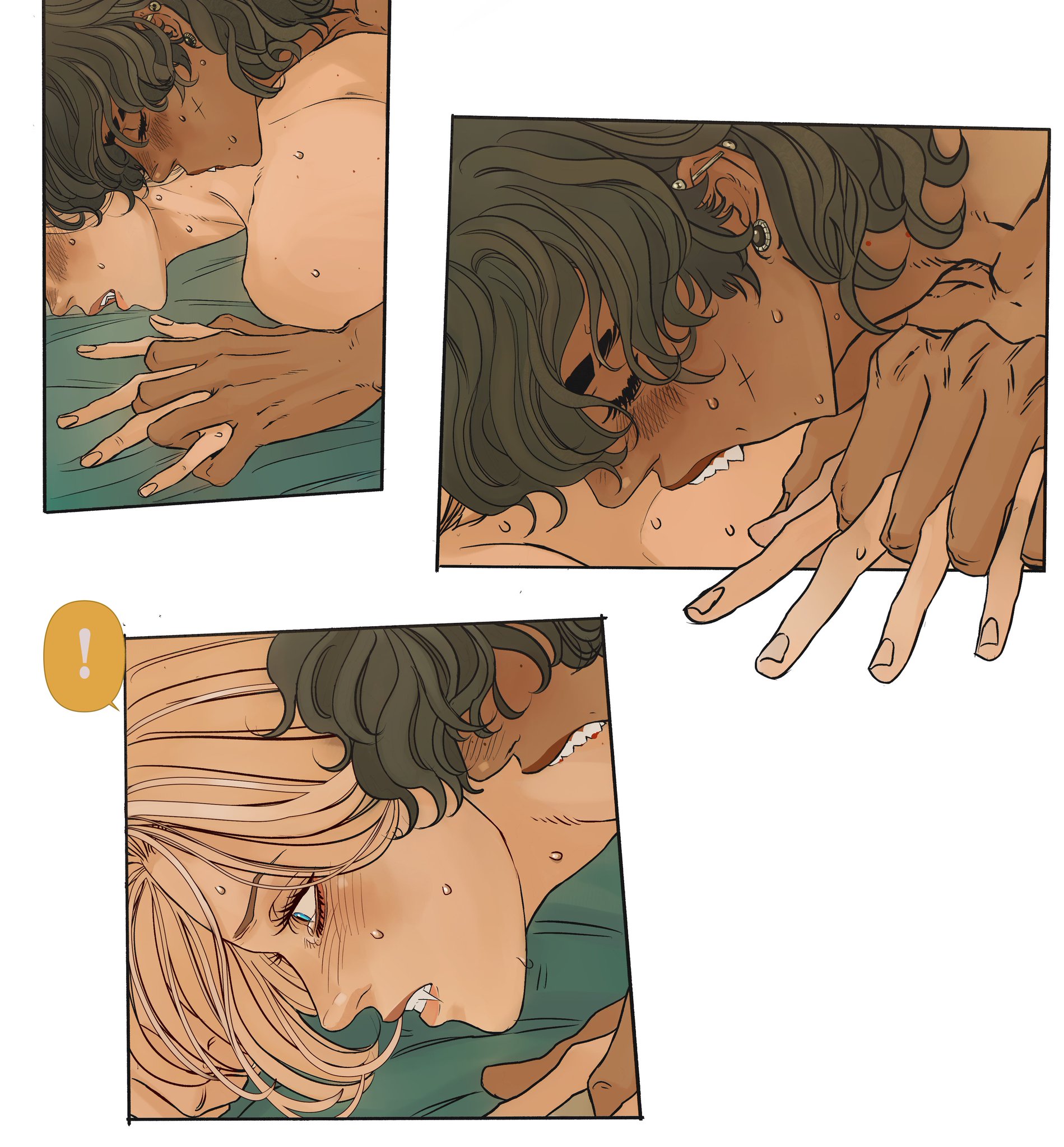 the image is a comic panel depicting an intimate scene between two men. there are three panels. the top left panel shows the men kissing, with one on top of the other and their hands intertwined. the top right panel is a closeup of their faces as they kiss, showing details like sweat and strained expressions. the bottom panel shows them kissing again, with one man wearing a green garment. an exclamation point is in the panel, indicating the tension and intensity of the moment.