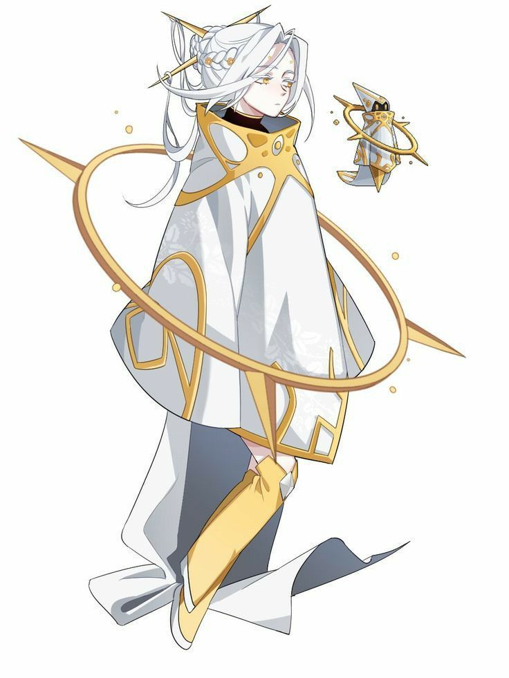 this is a digital illustration of an anime girl with white hair, wearing a white dress with gold accents. she is surrounded by a golden halo, and there is a small, floating creature with wings and a golden halo beside her. the girl is  floating and looking downwards.  the art style is reminiscent of anime and fantasy, with  detailed and colorful visuals.
