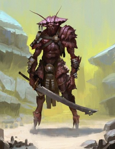 a digital painting of a humanoid crablike creature standing in a desert environment. the creature is wearing armor and wielding a sword. it has a crustaceanlike exoskeleton, sharp claws, and antennae. the creature is standing on two legs and has its arms at its sides. the background of the image is a desert landscape with rocks and mountains. the lighting is soft, creating a warm and inviting atmosphere.