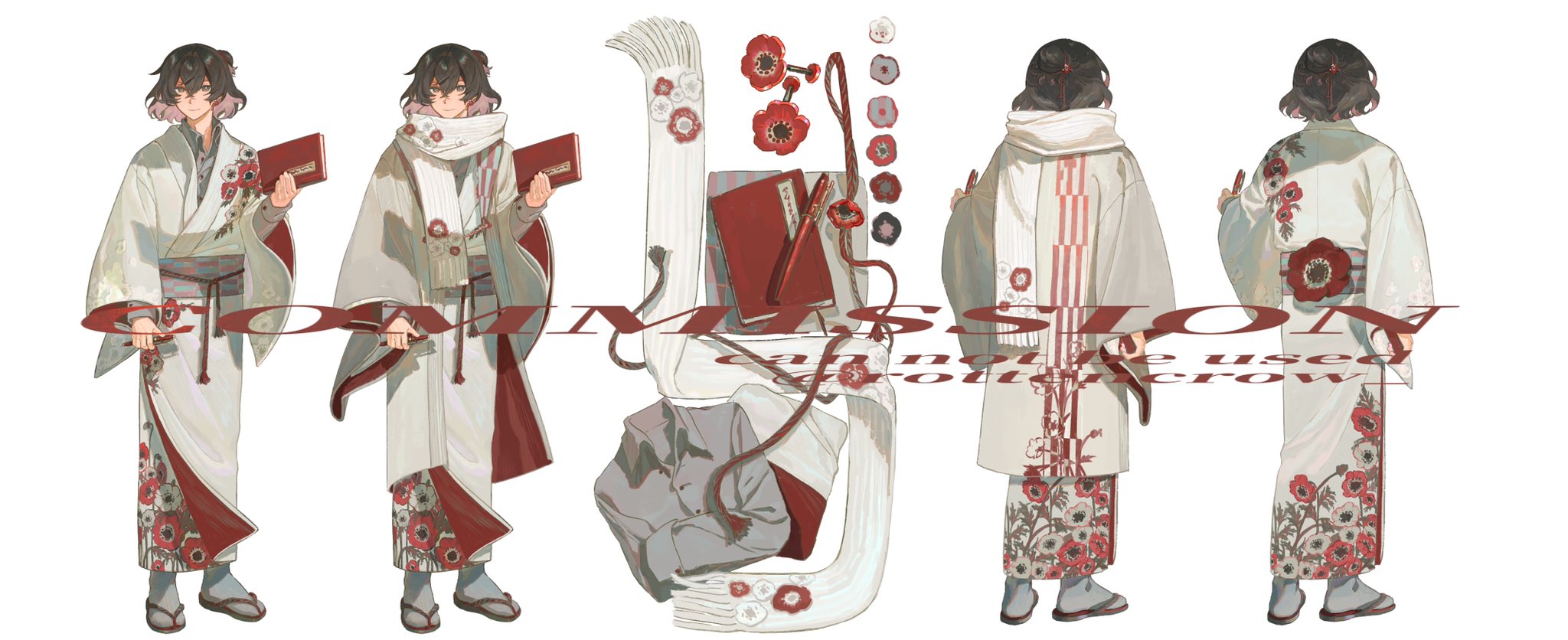 the image showcases a male anime character in four different poses wearing a traditional japanese kimono. the kimono is white with red accents, and the character is adorned with a white scarf around their neck and red and white flowers on the kimono. the character is shown holding a red book in their hand and the image is digitally drawn. the background is white and the character is placed against the background. the image is a stylized and beautiful representation of a male anime character.