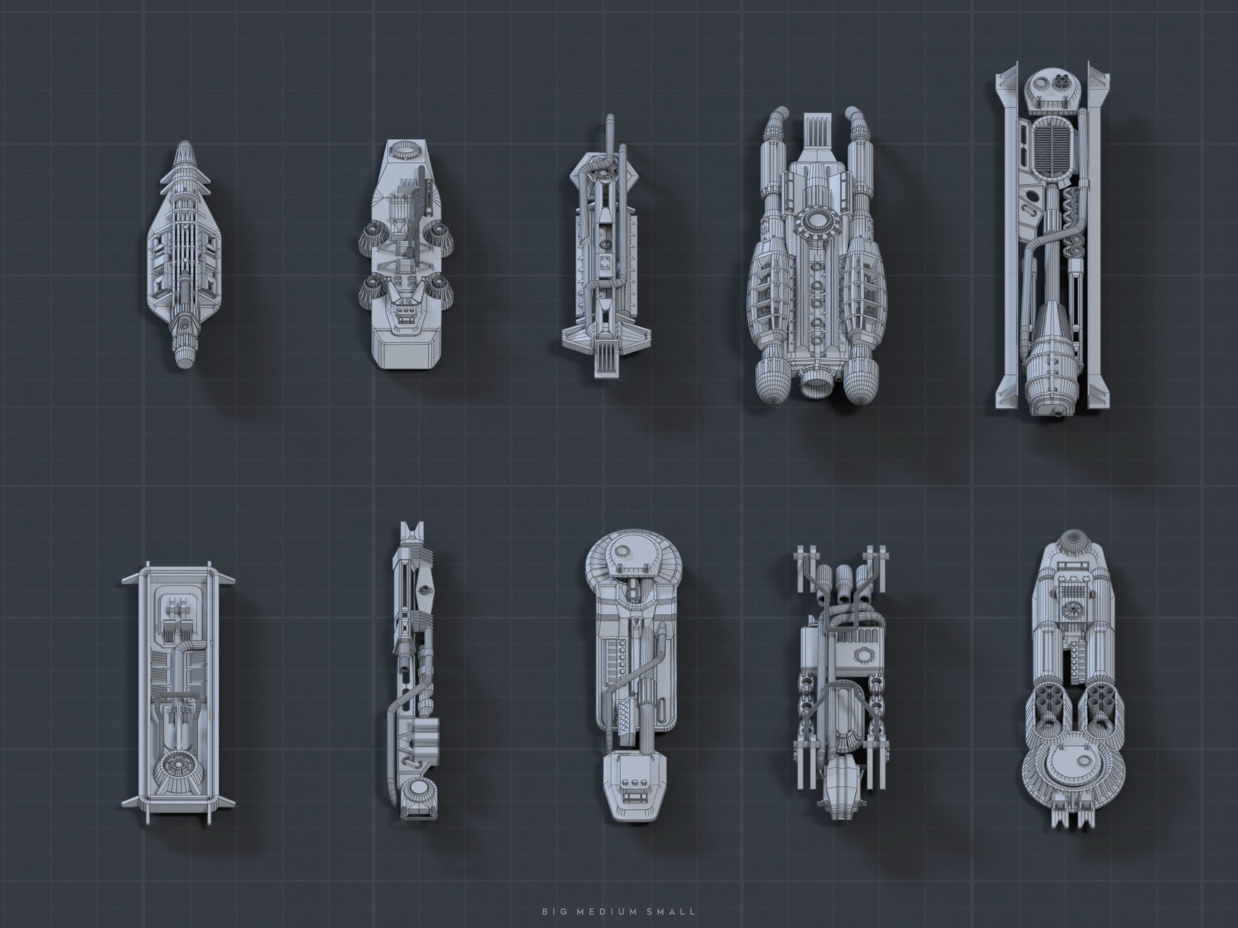 the image showcases a collection of ten spaceship designs, each presented as a wireframe model against a dark gray gridded background.  the ships vary significantly in size and shape, ranging from slender and elongated to boxy and compact. the wireframe rendering offers a detailed look at the structural design of each vessel, highlighting its internal components and external features.  the ships are arranged in rows, implying a size comparison (big, medium, small) as indicated by the caption at the bottom. the overall style evokes a technical blueprint or engineering schematic, suggesting the early stages of spaceship design.