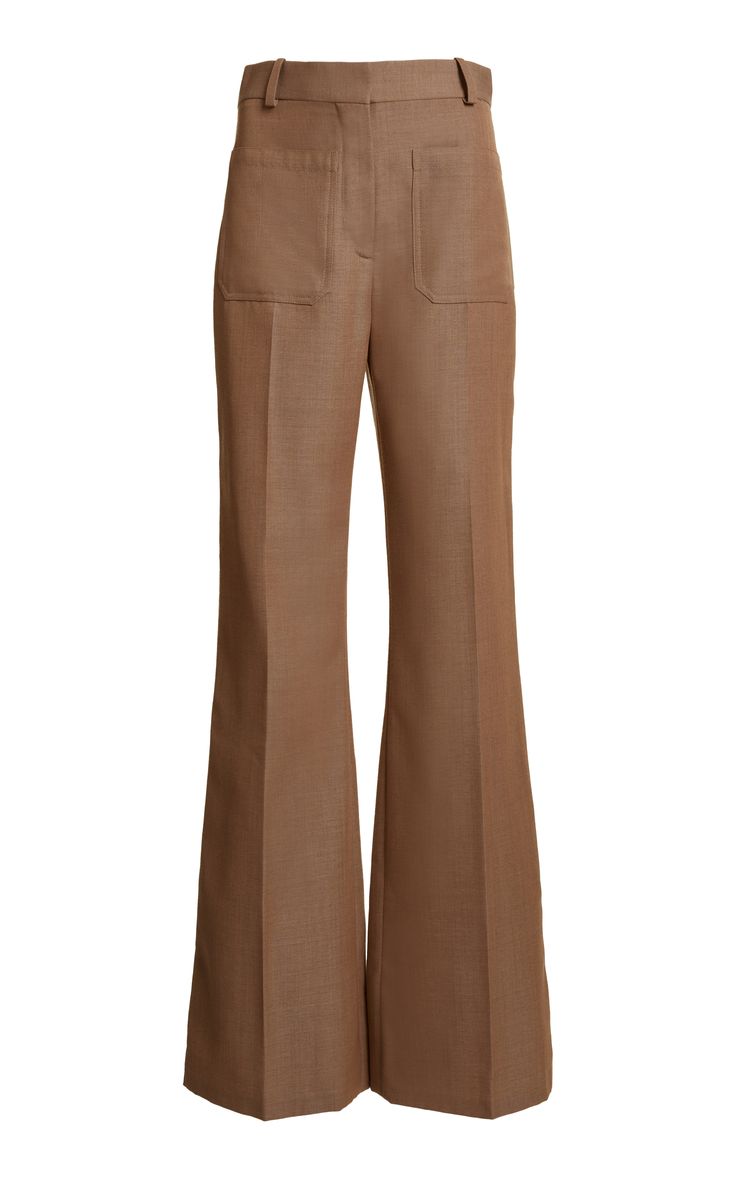a pair of brown wideleg pants with a high waist and flare legs. the pants are made of a smooth, woven fabric. they are a classic, timeless style that can be dressed up or down.