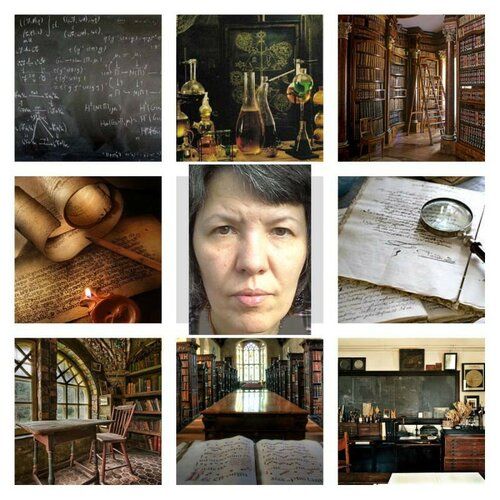 this image is a collage that evokes a sense of mystery, knowledge, and perhaps magic. it features several different images, including a chalkboard covered in equations, an old, leatherbound book with a magnifying glass on top, a library with towering shelves filled with books, a woman with a serious expression, a collection of ancient scrolls, a dusty and antique science lab, and a classroom with a blackboard filled with equations. the overall effect is one of intrigue, suggesting a world of hidden secrets and forgotten knowledge.