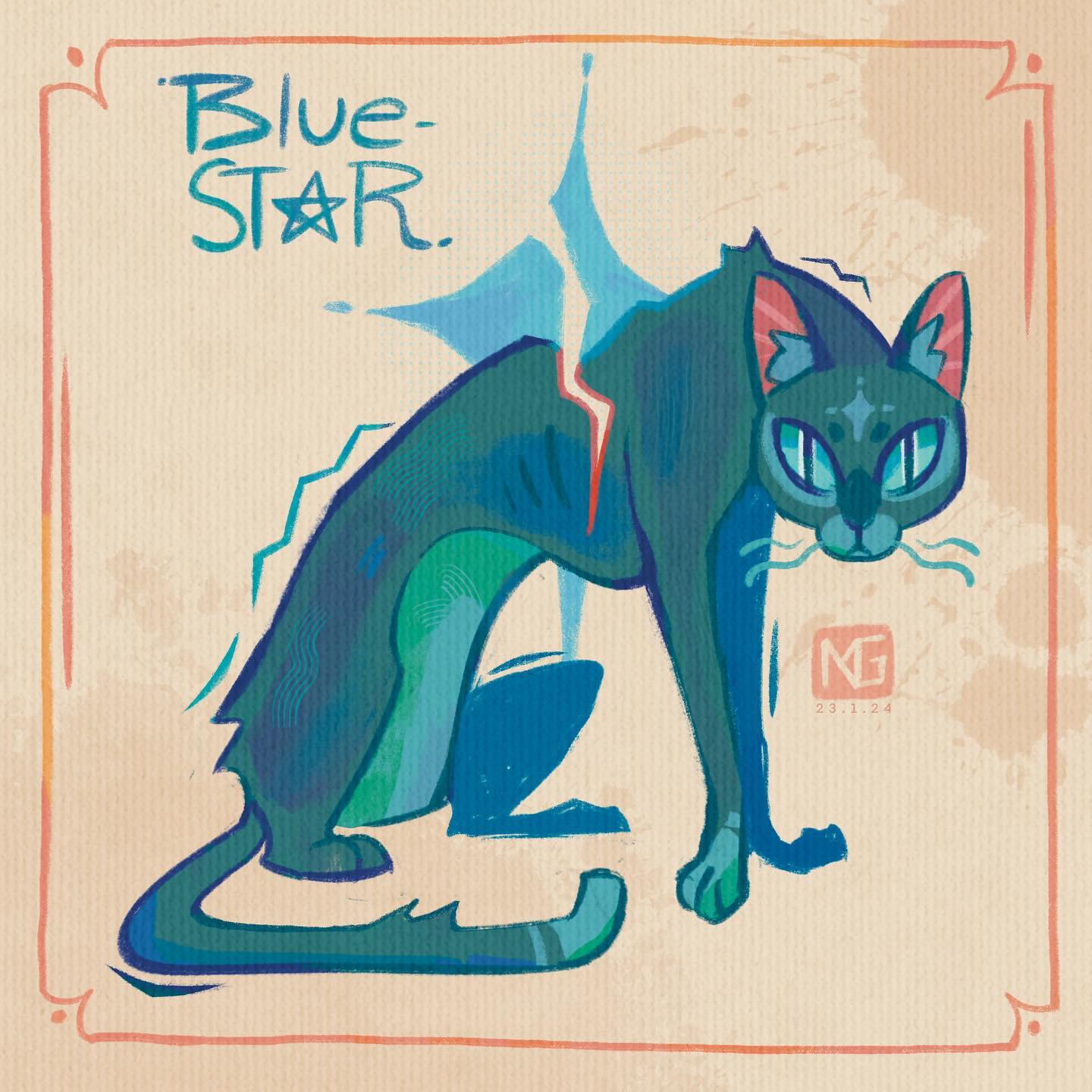 the image showcases a stylized illustration of a cat, dubbed "bluestar," rendered in a digital painting style. the cat is depicted in shades of blue, teal, and turquoise, with a crack or scar running down its back. its design is elegant and somewhat mystical, hinting at a fantasy creature. the backdrop is a textured, beige surface, enclosed within an ornamental border.  the artist's signature "ng" and a date "23.1.24" are subtly included. the overall aesthetic combines vintage and antique elements with a fantastical feel.