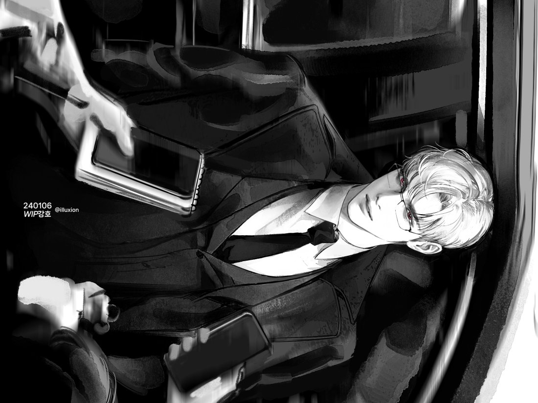 this is a black and white digital illustration of a man in a suit sitting in a car. he is wearing a bowtie and a pair of glasses. he has blond hair and is looking down.