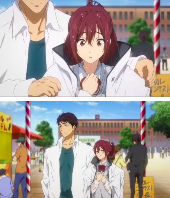 the image consists of two panels depicting a young man and a teenage girl, likely a couple, at a school festival. the top panel shows the man gently placing his jacket over the girl's shoulders, his expression hidden while she looks surprised and slightly flushed. the bottom panel shows them walking together through the festival, the girl now wearing his jacket and smiling slightly while he looks ahead with a neutral expression. the background in both panels depicts a typical japanese school building and festival stalls. the overall atmosphere is sweet and romantic.
