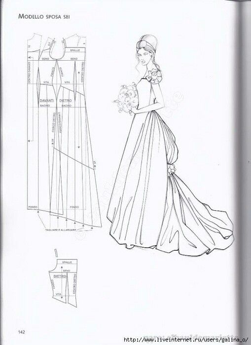 the image shows a fashion illustration of a wedding dress with an accompanying pattern layout. the illustration depicts a bride in a long, flowing gown with floral embellishments on the shoulder and hip, holding a bouquet. to the left of the figure is a technical drawing outlining the pattern pieces for the dress.