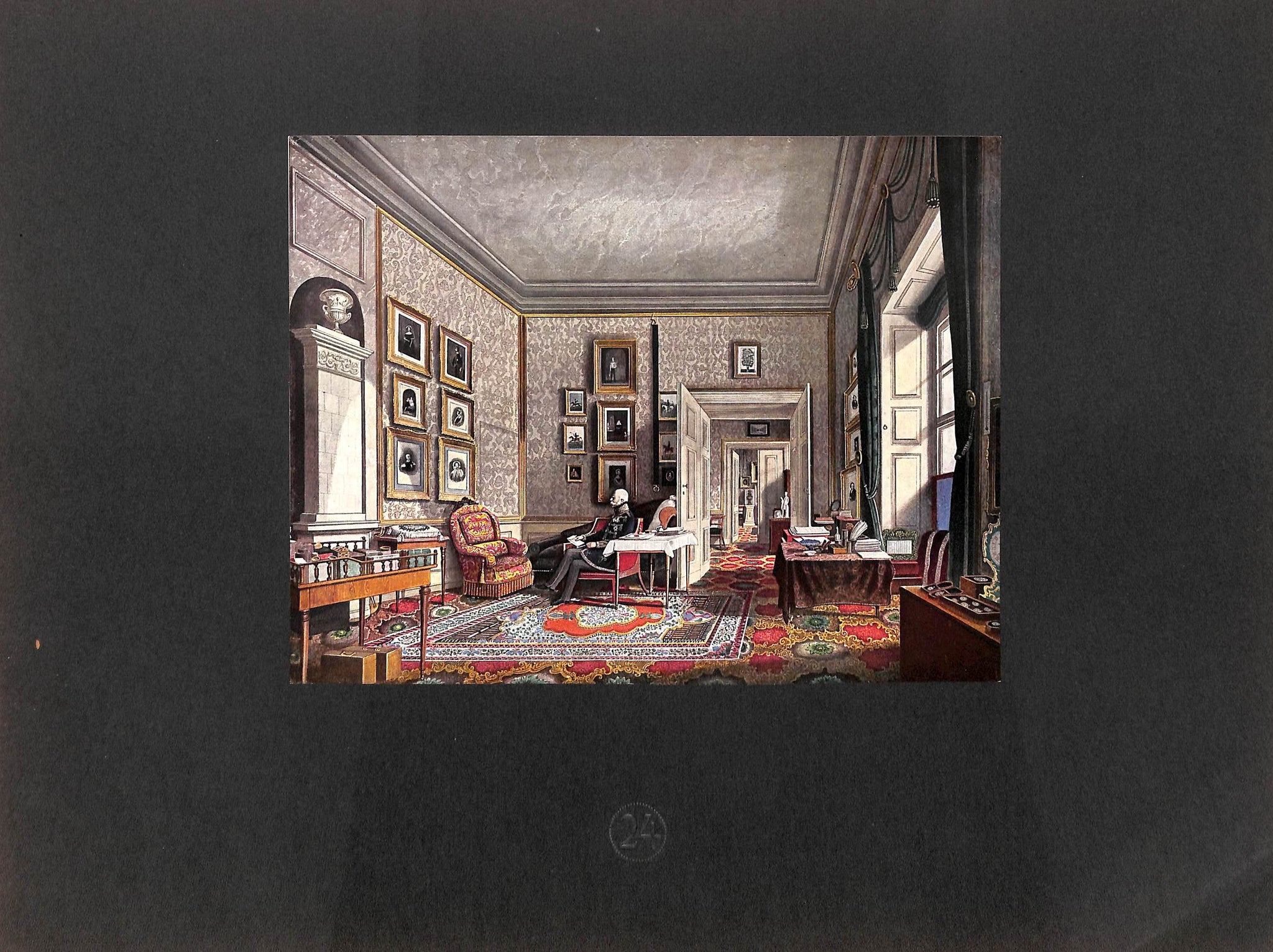 an interior view of a room with portraits on the walls, a desk with a man writing at it, chairs, a carpet, windows with curtains, a clock, tables, and a doorway leading to another room.