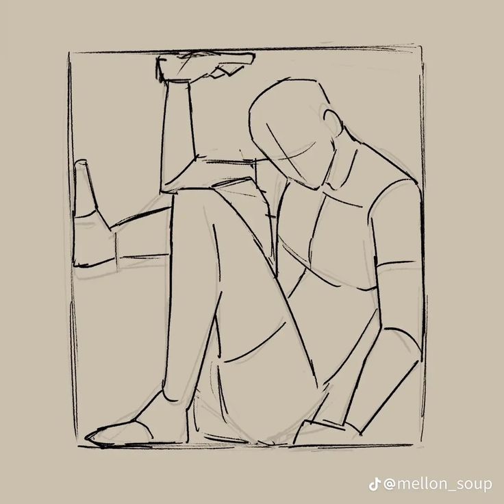 a rough line art sketch of a person sitting inside a box. the person is bent over with their hands covering their face. their arms are crossed over their body and they are sitting with their legs crossed.