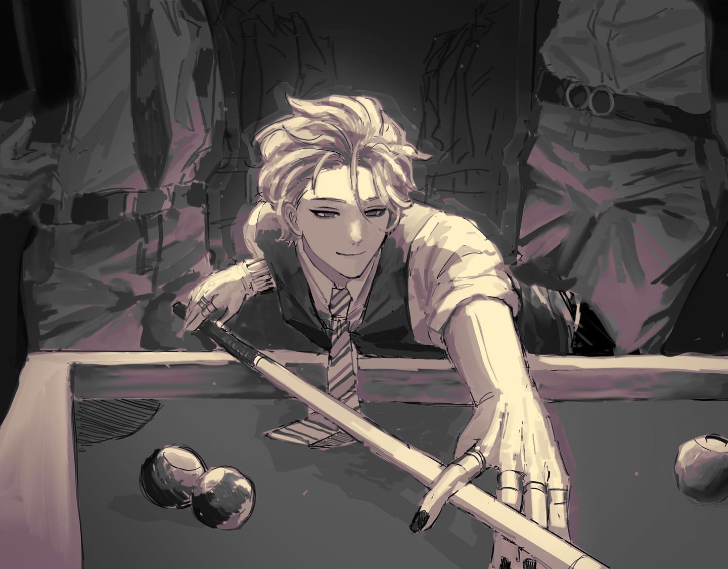 the image portrays a young man playing pool in a dimly lit room. he is the central focus, captured in a closeup perspective as he lines up his shot.  his concentration is palpable, highlighted by the dramatic spotlight effect that illuminates him against the dark background. the overall atmosphere is one of focused intensity, heightened by the stylish attire and the classic game of skill. the limited color palette, with its emphasis on grays and blacks, further enhances the dramatic mood.