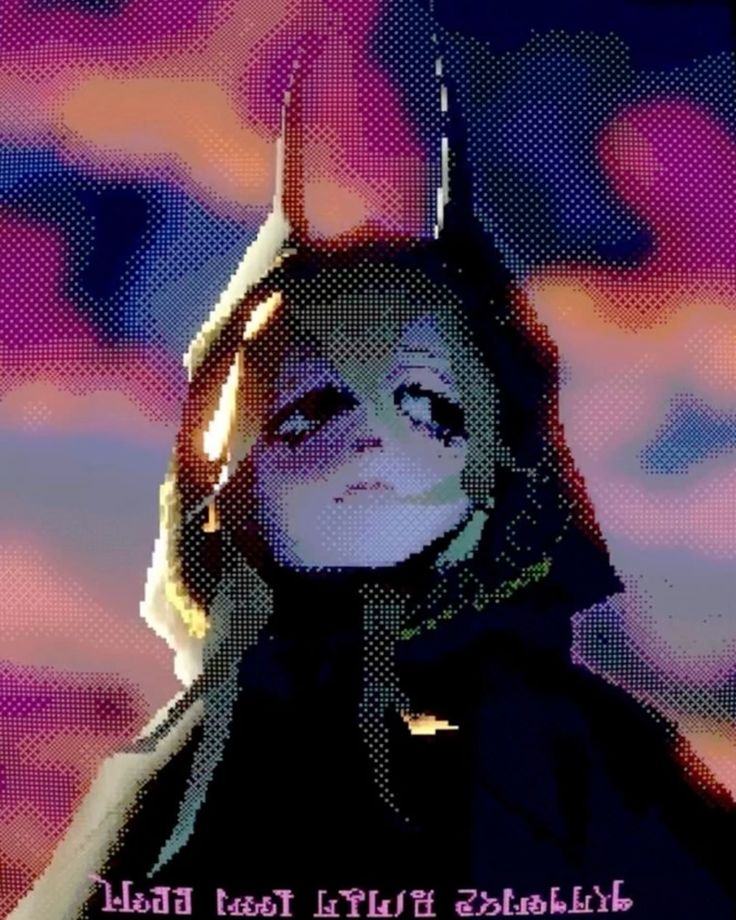 a lowresolution digital artwork depicts batman in a pixelated style. he is wearing his iconic mask with pointed ears, a dark hood, and cape. the background is an abstract mix of colors, including purples, blues, and pinks, resembling a sky. there are glowing highlights around the character's face and hood. the image is dark and moody. at the bottom, there is text in a foreign language.