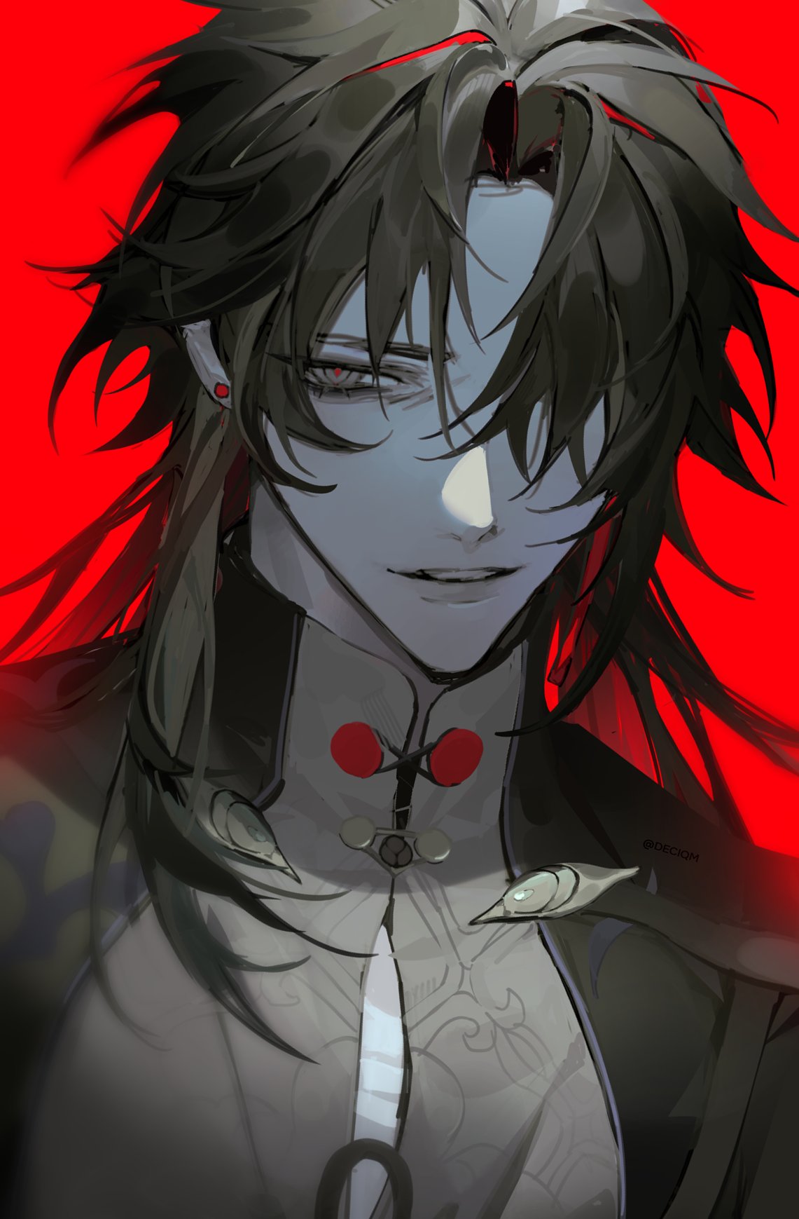 this is a closeup portrait of an anime male character with dark hair, red eyes, and a cool expression. he's wearing a dark, stylish outfit and has a mysterious look about him.  the image is dark and moody, creating a sense of intrigue and mystery.