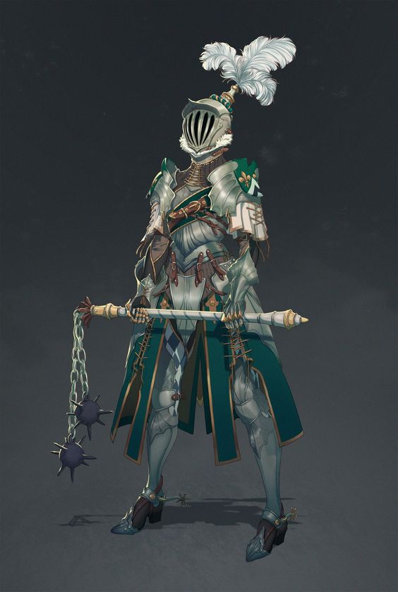 a female knight stands in full plate armor, her body language stoic and ready for battle. her armor is predominantly silver with intricate details and green accents on her tabard, skirt, and pauldrons. she wears a helmet with a white plume and her weapon of choice, a vicious flail with spiked balls, rests on her shoulder. the background is a muted gray, drawing focus to the intricate details of her attire.