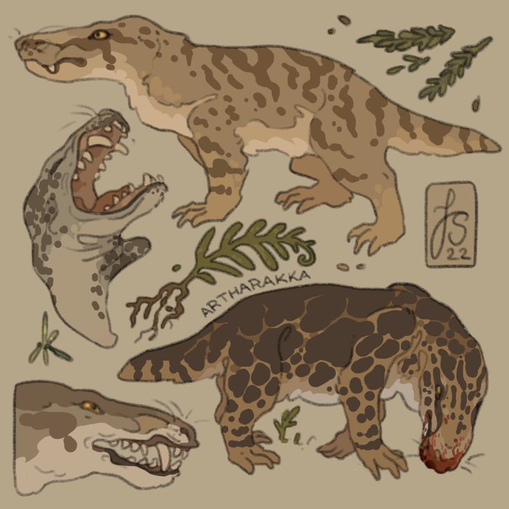 the image is a digital artwork depicting several extinct animals, possibly inspired by therapsids or other mesozoicera creatures.  the style is reminiscent of paleoart but with a stylistic flair.  the illustration showcases at least three distinct creatures, each with unique markings and anatomical details. one large quadrupedal reptilelike animal dominates the top, while smaller creatures, showing more reptilian and less mammalian characteristics, are arranged around it.  one of the smaller creatures appears to be injured, possibly indicating a predatorprey dynamic.  stylized vegetation is included in the background, adding context to a possible prehistoric setting. an artist's signature, "artharakka," is visible along with the year "22". the overall color palette is muted earth tones, giving a sense of age and antiquity. the image conveys a creative interpretation of prehistoric life, blending scientific accuracy with artistic expression.
