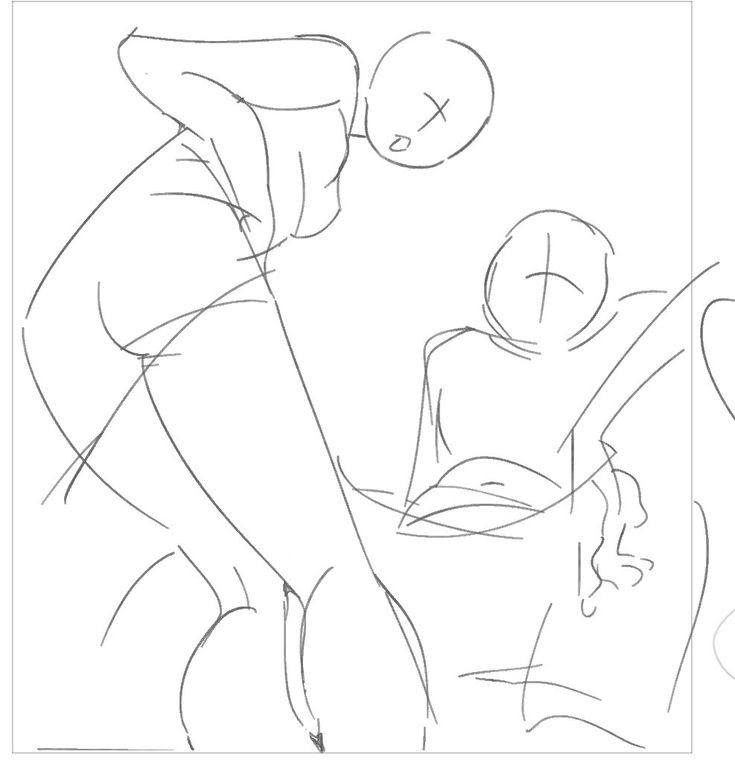 the image is a black and white sketch depicting two figures. one figure appears to be standing and leaning slightly forward, while the other is seated. the lines are simple and suggest a study of form and posture. there are anatomical guides on the faces.