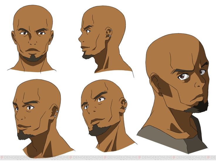the image is a character design for a male anime character with dark skin. it includes four different views of the character's face: a front view, a side profile, and two more views that show the character from slightly different angles. the character has a shaved head, a goatee, and a serious expression on his face. he is looking at the viewer in three out of the four views. the artwork is clean and simple, and it is drawn in a manga/cartoon style.  the image is digital art, with clearly defined lines and smooth shading.