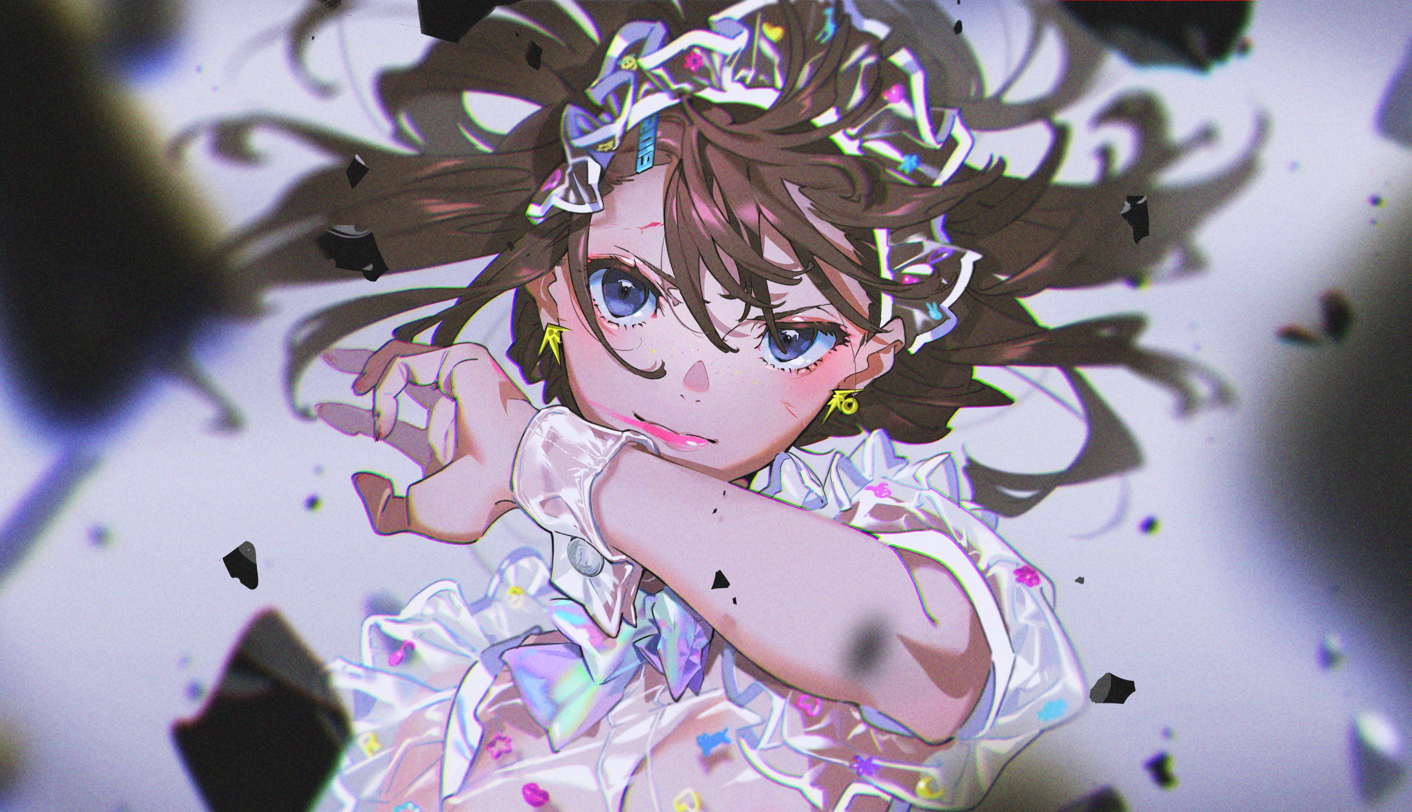 the image showcases a dynamic illustration of an anime girl against a predominantly white background. her long brown hair flows wildly, suggesting movement, as she strikes a confident pose with her arm extended. she wears a stylish ensemble with a translucent white top adorned with colorful accents. fragments of what appears to be black debris surround her, adding to the sense of action and energy. the lighting is bright and dramatic, highlighting the girl's determined expression and the vibrant details of her clothing.