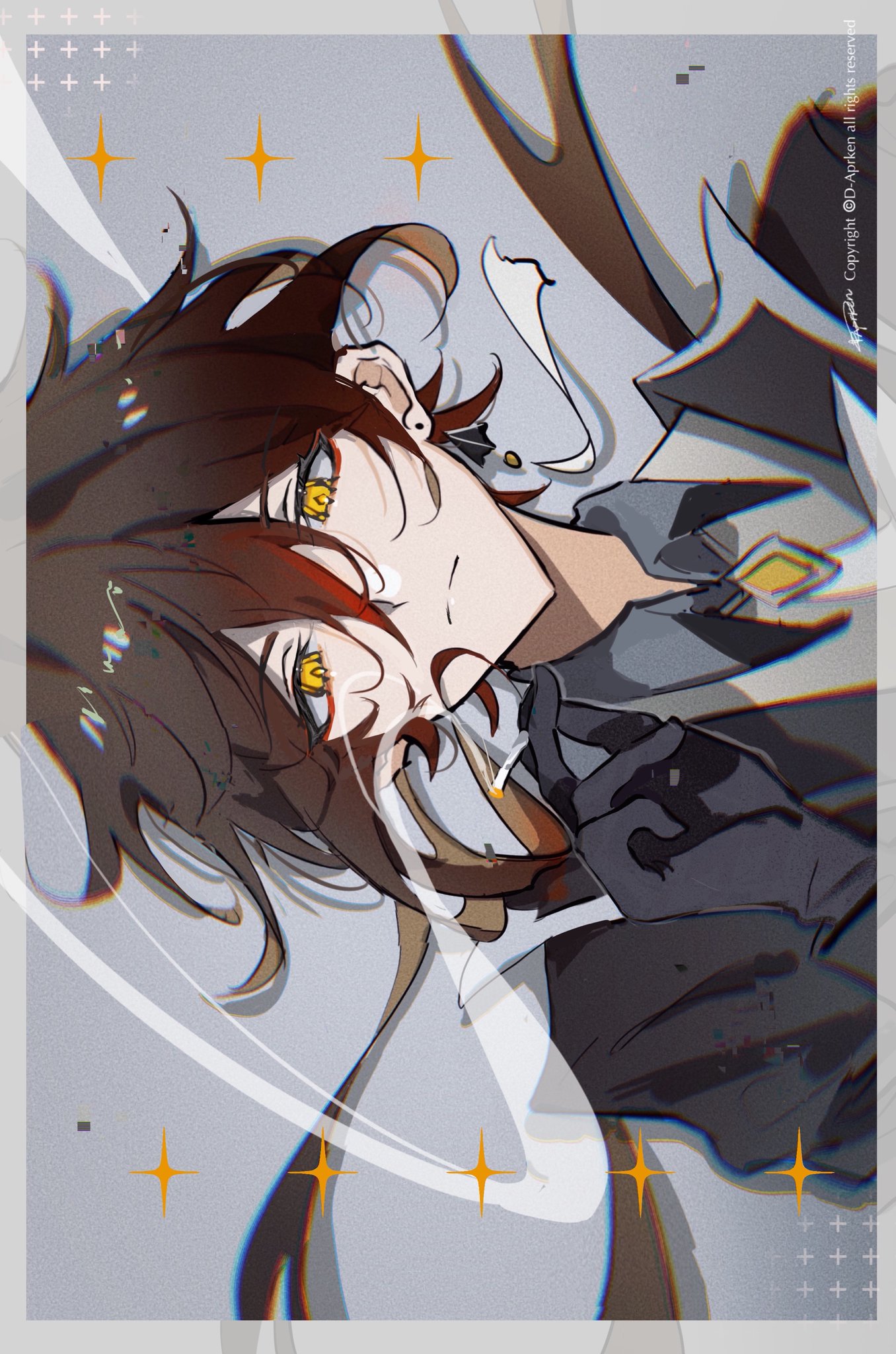 the image shows a closeup portrait of a stylish anime character with long brown hair and bright yellow eyes, wearing a white shirt with a black suit, jacket, and tie.  the character has a cool, stylish expression as they look at the viewer, smoking a cigarette.  there are many digital art elements that give the picture a  vaporwave, glitch, and overlay aesthetic with vibrant, colorful, stylized, dynamic and edgy features.  the image is set against a white background with a smoky and shadowy effect for a mysterious and dreamy look.