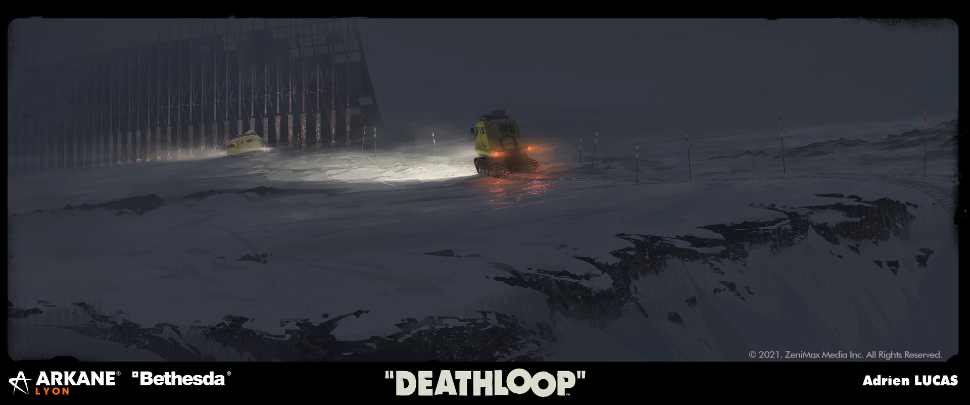 a digital painting of a snowy, desolate landscape at night. two yellow vehicles are visible, traveling towards a large, dark structure in the background.  the scene is dark and mysterious, suggestive of a futuristic or postapocalyptic setting. the artwork is credited to adrien lucas and displays the "deathloop" logo alongside arkane lyon and bethesda branding. the overall style is painterly, with a blend of realistic and stylized elements.
